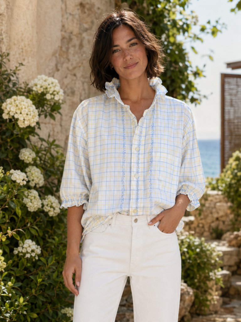 Blue Yellow Plaid Ruffle Blouse, Embroidered Lands’ End Upcycled Shirt, Women’s